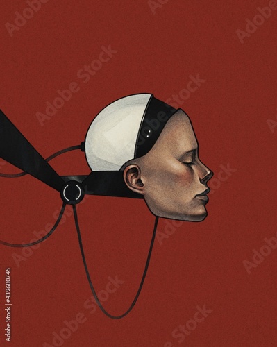 cyborg head with mechanism in profile on red background photo