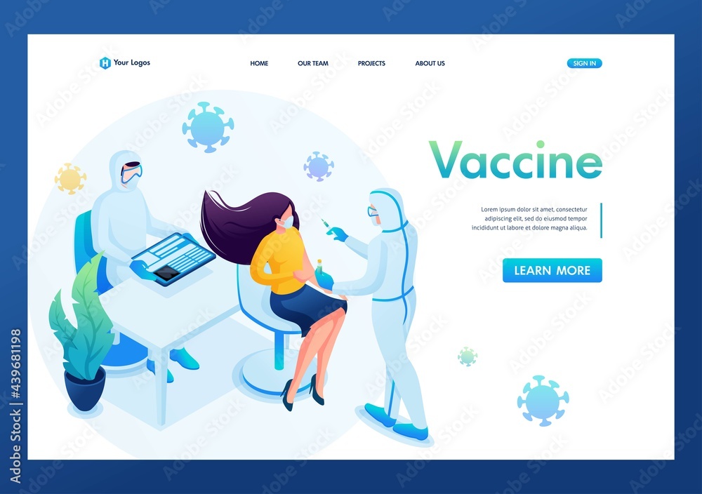 Isometric 3D. Vaccination Of Patients During An Epidemic. Landing Page