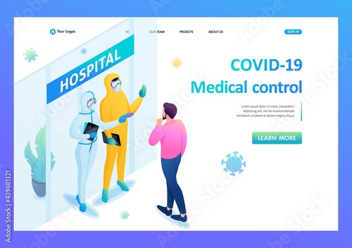 Isometric 3D. Risk Of Spreading The Virus. Doctors In Protective Suits Measure The Patient Body Temperature. Landing Page © elizaliv