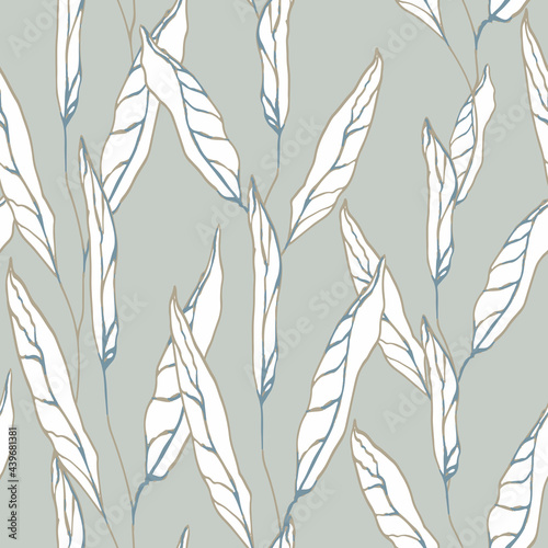 Fototapeta Naklejka Na Ścianę i Meble -  Floral seamless pattern. Simple curved white leaves pointing upward. Muted blue-gray background. Used for covers, factory prints on fabric, paper, packaging, backdrops, headpieces, postcards. EPS 10.