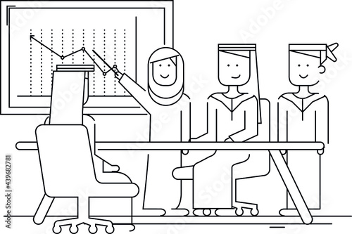Arab businessmen and women outline vector illustration meeting. Stock market analysis, business presentation, conference drawing. Arabian analyst, brokers analyzing statistics cartoon characters