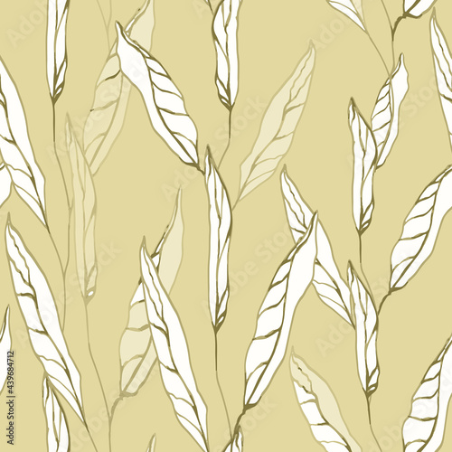 Seamless summer pattern. Simple curved white leaves pointing upward. Subdued yellow-green background. Used for covers, factory prints on fabric, paper, packaging, backgrounds, splash screens, postcard