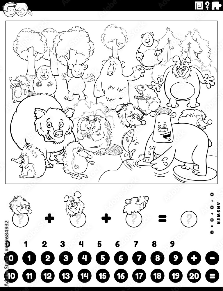 counting and adding task with animals coloring book page