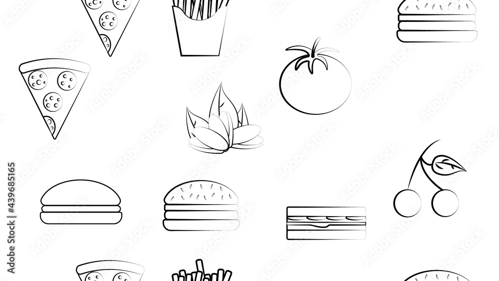 Black and white endless seamless pattern of food and snack items icons set for restaurant bar cafe: fries, burger, pistachios, pizza, sandwich, tomato, cherry. The background Black and white endless seamless pattern of food and snack items icons set for restaurant bar cafe: fries, burger, pistachios, pizza, sandwich, tomato, cherry. The background