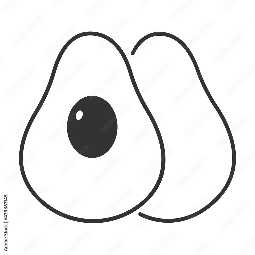 Avocado. Whole avocado and half with seed. Black and white. Vector illustration. Isolated illustration of tropical fruit. Avocado. Whole avocado and half with seed. Black and white. Vector illustration. Isolated illustration of tropical fruit.
