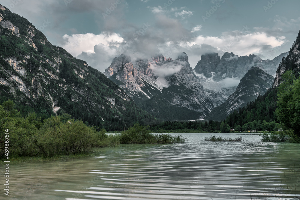 View over the lake to the south into the Ampezzo Dolomites, Italien. Lago di Landro. View over the lake to the south into the Ampezzo Dolomites, Italien. Lago di Landro.