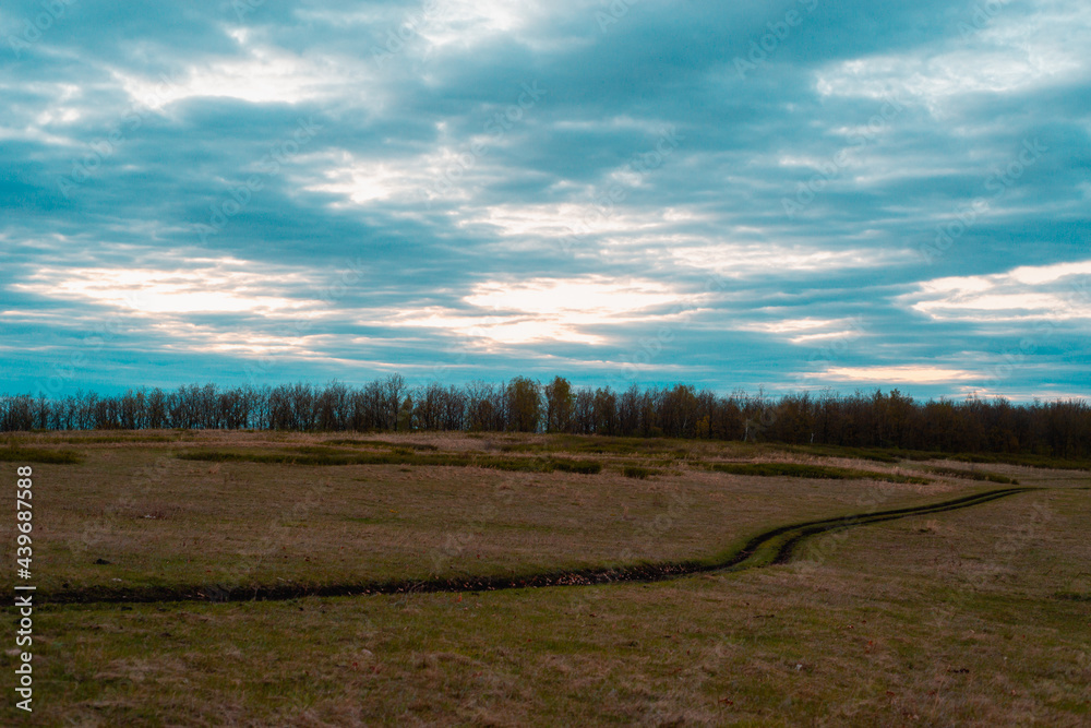 Autumn road through the field to the hills. Gloomy evening. Autumn road through the field to the hills. Gloomy evening.
