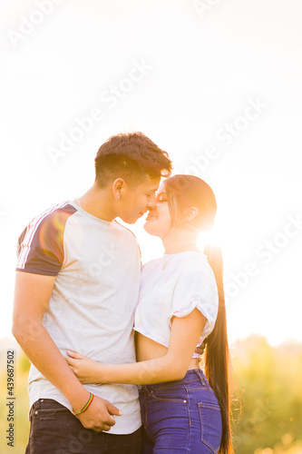 Latin bolivian and peruvian multiethnic mixed race young couple. Summer background lifestyle sunny portrait. Skin care acne dermatology