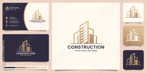 construction logo template. architects, layouts, modern buildings, for companies in the field of building and architects, logo design inspiration with business card. Premium Vector