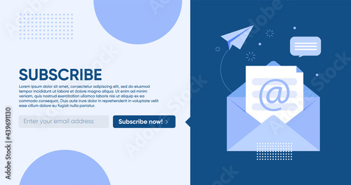 Template envelope with the subscribe button. For email marketing with an open envelope. Blue colors. Horizontal banner