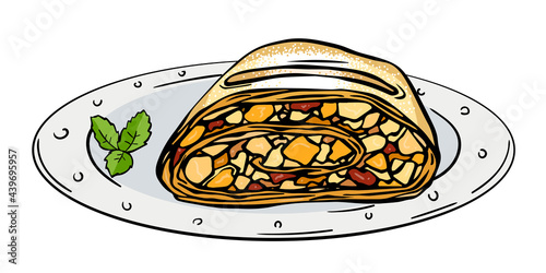 Illustration plate with slice Viennese apple strudel.