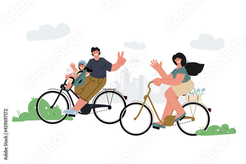 Family bike ride, outdoor activities, panorama city.Child bike seat on the front fathers bike.Vector flat illustration.