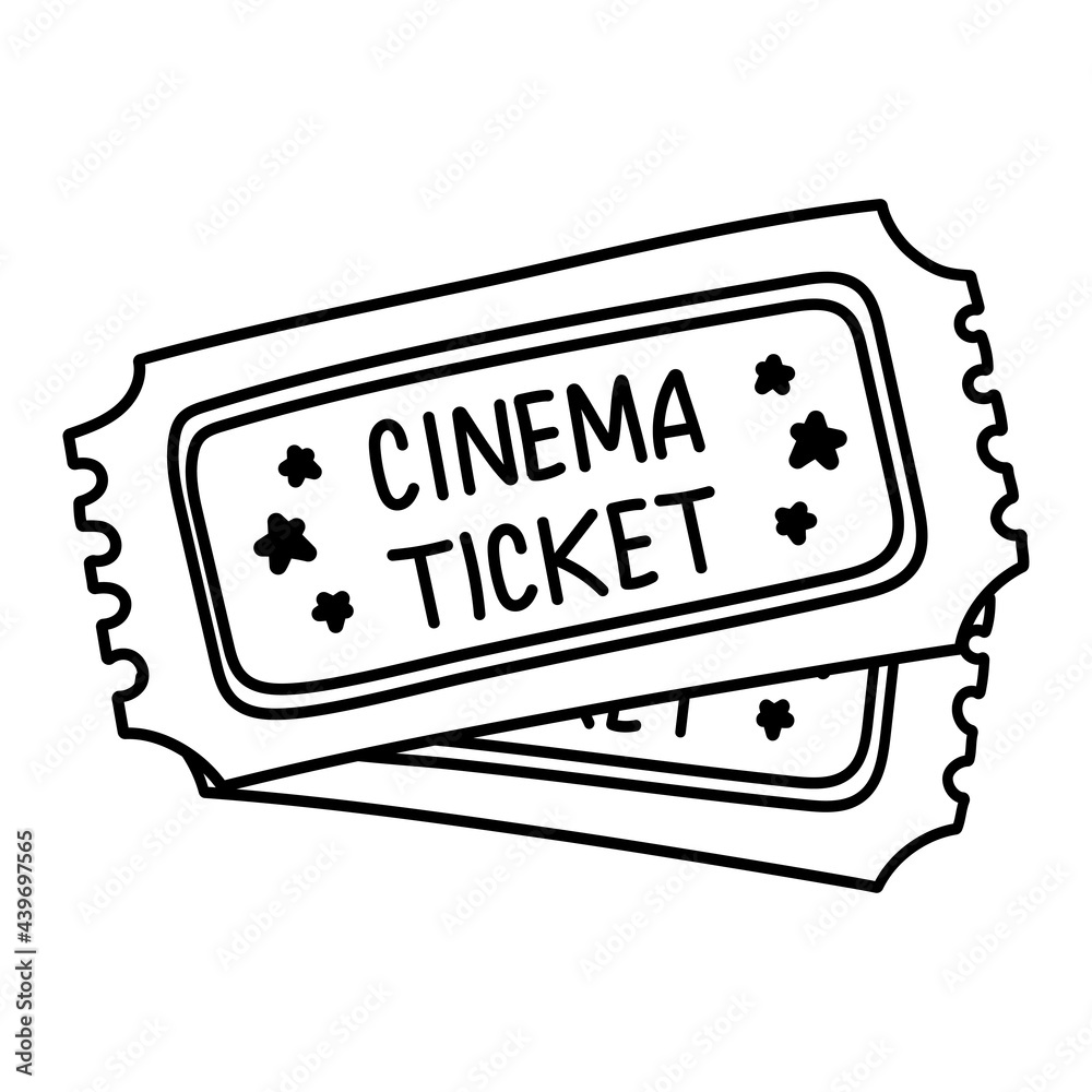 Fototapeta premium Two cinema tickets isolated on white background. Flat hand drawn cinema ticket. Sketch icon movie entrance ticket. Template admission pass mockup or performance coupon. Art graphic stroke design.
