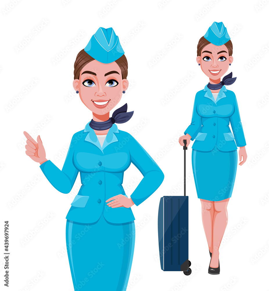 Stewardess in blue uniform, set of two poses Stewardess in blue uniform, set of two poses