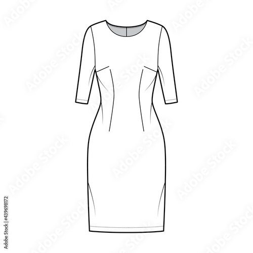Dress sheath technical fashion illustration with elbow sleeves, fitted body, knee length pencil skirt. Flat apparel front, white color style. Women, men unisex CAD mockup