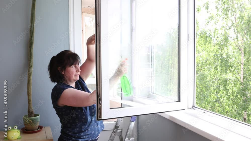Cleaning window panes in an apartment, mature European woman spraying cleaning agent. Cleaning window panes in an apartment, mature European woman spraying cleaning agent.