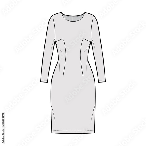 Dress sheath technical fashion illustration with long sleeves, fitted body, knee length pencil skirt. Flat apparel front, grey color style. Women, men unisex CAD mockup © Vectoressa