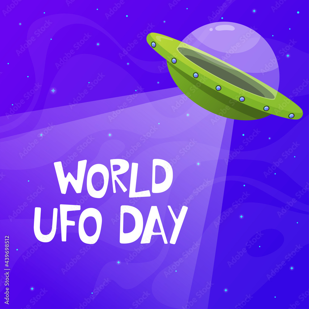 World UFO Day postcard. Flying saucer in space Stock Vector | Adobe Stock