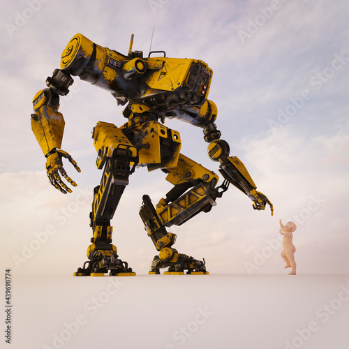 Surreal baby with large mech robot reaching out to touch fingers photo