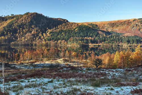 Frost and reflections on Thirlmere at sunrise. Lake District, Cumbria, UK. photo