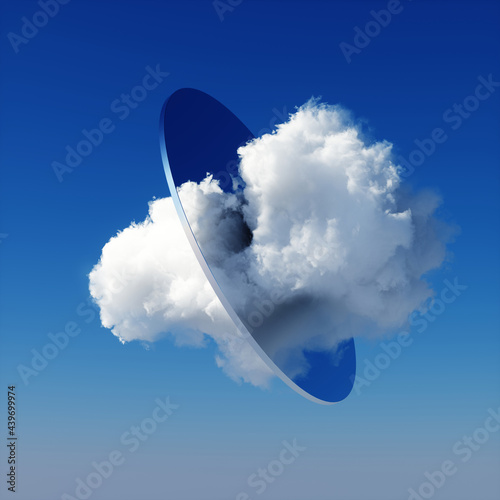 Canvastavla 3d render, abstract background with white cloud going through the round mirror