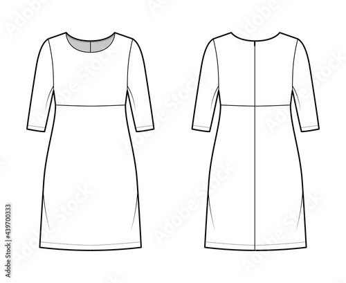 Dress empire line technical fashion illustration with elbow sleeves, oversized body, knee length A-line skirt. Flat apparel front, back, white color style. Women, men unisex CAD mockup