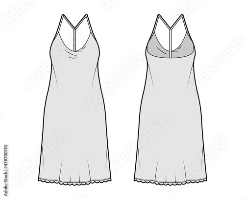 Dress slip technical fashion illustration with oversized body, knee length pencil skirt, racerback. Flat apparel front, back, grey color style. Women, men unisex CAD mockup