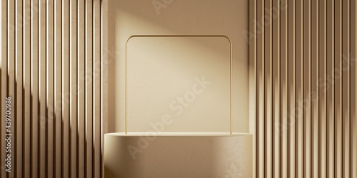 Fototapeta Naklejka Na Ścianę i Meble -  3d render. Abstract beige background with sunlight on the wall, square frame and empty podium. Modern minimal showcase scene for product presentation