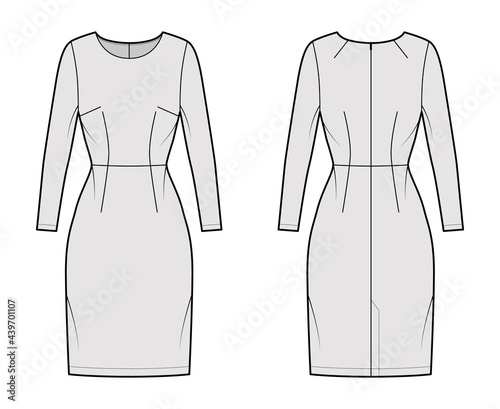 Dress sheath technical fashion illustration with long sleeves, natural waistline, fitted body, knee length pencil skirt. Flat apparel front, back, grey color style. Women, men unisex CAD mockup