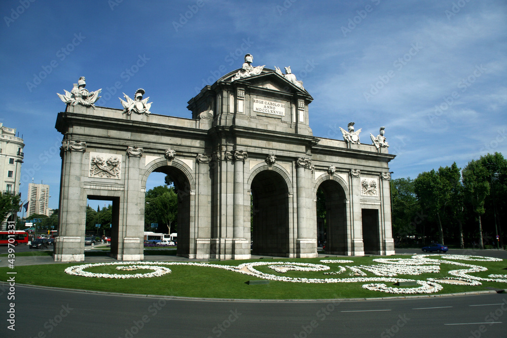 Madrid Spain. Panoramic view of Puerta de Alcala. Tourist attraction. Famous Spanish monument. Puerta real located in the roundabout of the Plaza de la Independiencia.