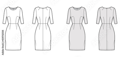 Dress sheath technical fashion illustration with natural waistline, elbow sleeves, fitted body, knee length pencil skirt. Flat apparel front, back, white, grey color style. Women men unisex CAD mockup