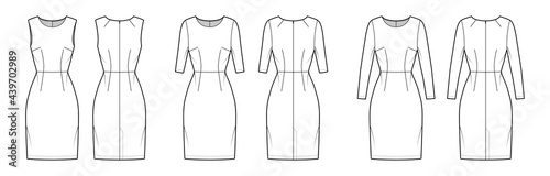 Set of Dresses sheath technical fashion illustration with natural waistline, long elbow short sleeves sleeveless, fitted body, knee length. Flat apparel front, back, white color. Women, men unisex CAD