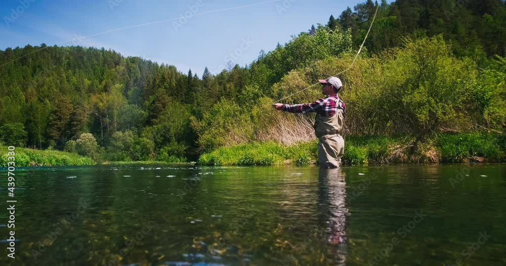 Fly fishing. Angler stands in the river and casts the fly. Fisherman fishing on fly on the calm river at daytime and casting the line Fly fishing. Angler stands in the river and casts the fly. Fisherman fishing on fly on the calm river at daytime and casting the line
