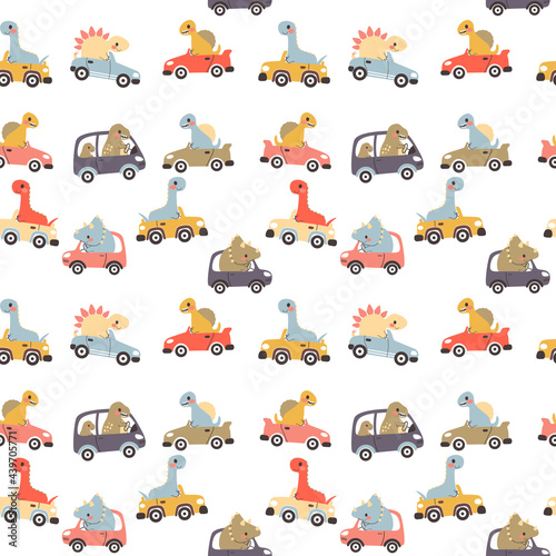 Cute colorful seamless pattern of cartoon dinosaur characters driving automobile