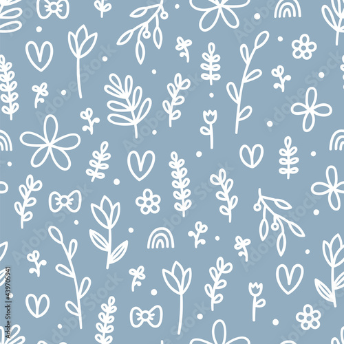 Hand drawn floral seamless pattern. Cute background with flowers and leaves. Simple graphic design. Scandinavian style