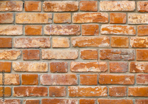 Texture of an old damaged brick wall with multiple cracks