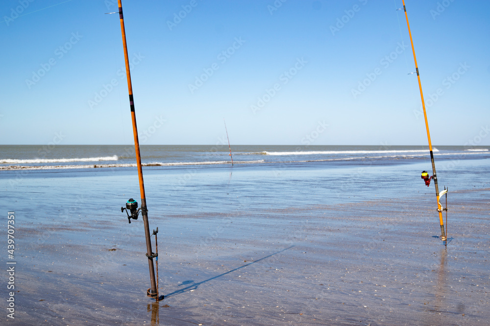 fishing rods nailed to the beach without people
