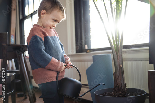 Little boy watering a plant with a black watering can
