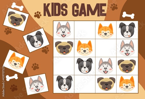 Sudoku kids game with dogs and puppies, vector riddle with cartoon doggy characters heads on chequered board. Educational task, children teaser for sparetime activity, leisure boardgame for recreation