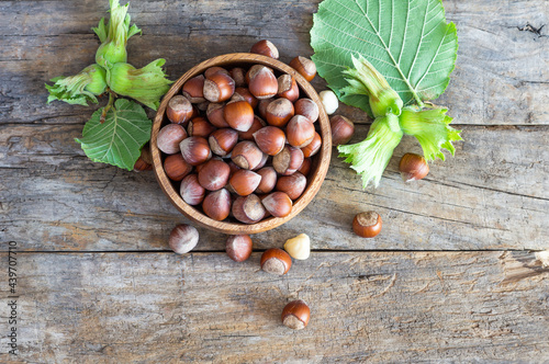 Hazelnuts with green branch on wooden background