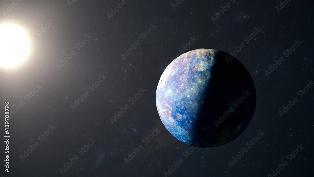 Satellite view of planet mercury orbiting the sun. Planet mercury with sun in the background as seen from space aircraft.
