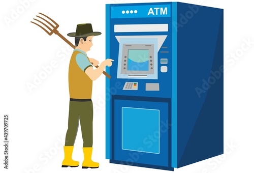 A farmer man takes money from his bank ATM