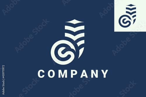 Vector logo element with skyscraper illustration, graduation gown with initials "d" or "J" and "C" in positive space and initial "e" in negative space.