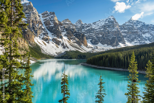 Lake Moraine and Ten Peaks Valley with the pine trees