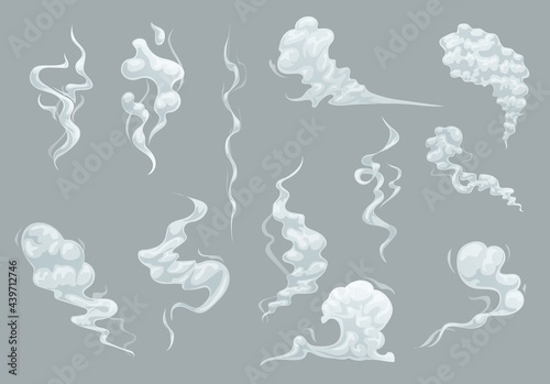 Cartoon smoke, fog and clouds of vector comic book steam, fire fume and cigarette smoke puff. Dust of speed motion trail, mist vapor, gas or smog, bomb explosion clouds and boom dust waves