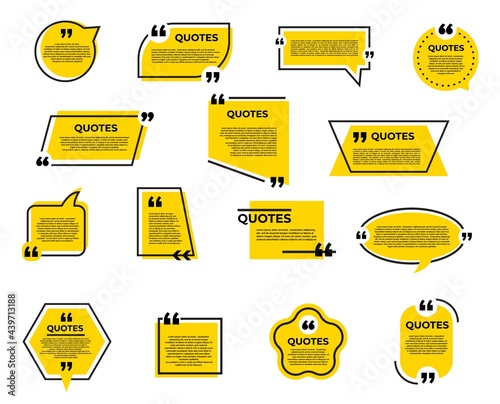 Quote bubble and box, chat message, comment and note quote vector icons with speech bubble or dialogue balloon frames and quotation marks. Information text box, memo tag, talk and remark templates