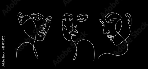 Set of stylized woman faces. Modern single line art. Woman beauty fashion concept, minimalistic style.