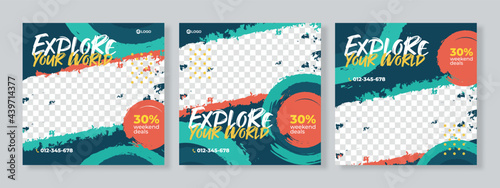 Set of three travel adventure social media pack template premium vector