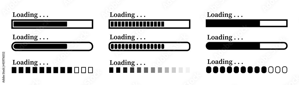 Set loading bar icons.Collage of vector loading icons.Download progress.Vector illustration Set loading bar icons.Collage of vector loading icons.Download progress.Vector illustration