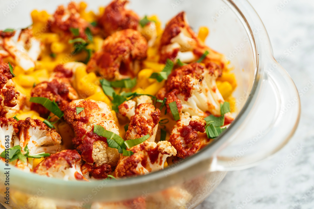 Vegan Roasted Buffalo Cauliflower on Pumpkin Mac and Cheese Vegan Roasted Buffalo Cauliflower on Pumpkin Mac and Cheese